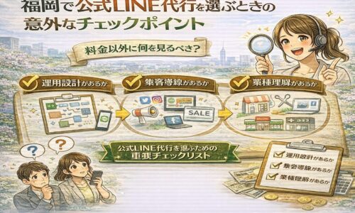 福岡で公式LINE代行を選ぶ際のチェックポイントとして、運用設計・集客導線・業種理解の3つを確認する重要性を、虫眼鏡を持つ女性とチェックリストで示している