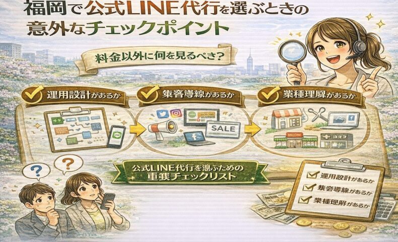 福岡で公式LINE代行を選ぶ際のチェックポイントとして、運用設計・集客導線・業種理解の3つを確認する重要性を、虫眼鏡を持つ女性とチェックリストで示している