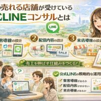 福岡の店舗が売上を伸ばすために公式LINEコンサルを活用し、集客導線・配信内容・来店導線の設計を行う仕組みを、スマートフォンのLINE画面と店舗運営の流れで示している