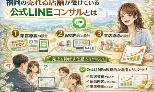 福岡の店舗が売上を伸ばすために公式LINEコンサルを活用し、集客導線・配信内容・来店導線の設計を行う仕組みを、スマートフォンのLINE画面と店舗運営の流れで示している