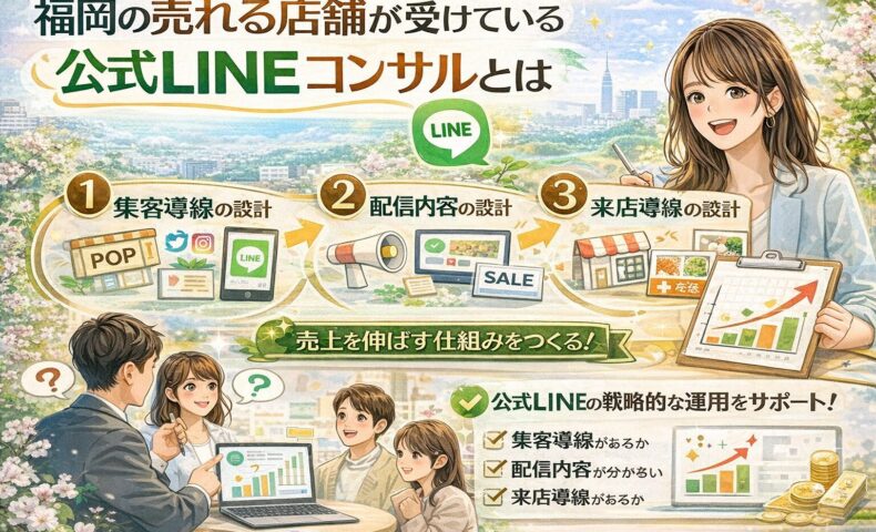福岡の店舗が売上を伸ばすために公式LINEコンサルを活用し、集客導線・配信内容・来店導線の設計を行う仕組みを、スマートフォンのLINE画面と店舗運営の流れで示している