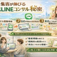 福岡の店舗が集客を伸ばすために公式LINEコンサルで設計する、友だち登録導線・配信設計・来店導線の3つの仕組みを、LINE画面や店舗アイコンと人物で示している