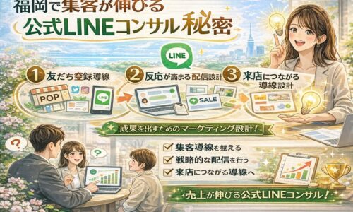 福岡の店舗が集客を伸ばすために公式LINEコンサルで設計する、友だち登録導線・配信設計・来店導線の3つの仕組みを、LINE画面や店舗アイコンと人物で示している