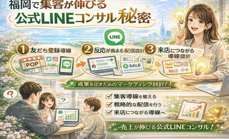 福岡の店舗が集客を伸ばすために公式LINEコンサルで設計する、友だち登録導線・配信設計・来店導線の3つの仕組みを、LINE画面や店舗アイコンと人物で示している