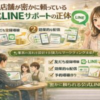 福岡の店舗が活用する公式LINEサービスとして、友だち登録導線・効果的な配信設計・予約につながる導線構築の流れを、LINE画面や店舗アイコンと人物で示している