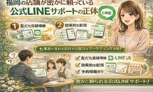 福岡の店舗が活用する公式LINEサービスとして、友だち登録導線・効果的な配信設計・予約につながる導線構築の流れを、LINE画面や店舗アイコンと人物で示している