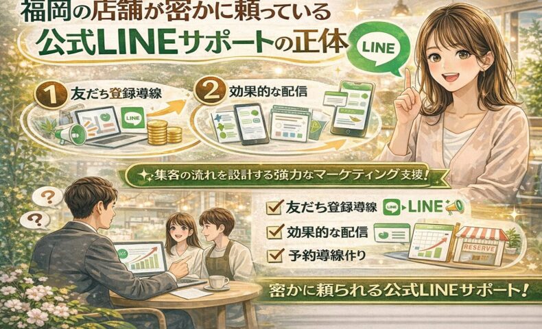 福岡の店舗が活用する公式LINEサービスとして、友だち登録導線・効果的な配信設計・予約につながる導線構築の流れを、LINE画面や店舗アイコンと人物で示している