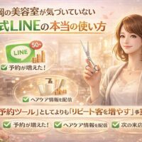 福岡の美容室オーナーに向けて、公式LINEを予約ツールではなくリピート顧客を増やす関係構築ツールとして活用する重要性を示すビジュアル