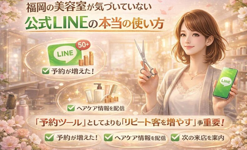 福岡の美容室オーナーに向けて、公式LINEを予約ツールではなくリピート顧客を増やす関係構築ツールとして活用する重要性を示すビジュアル