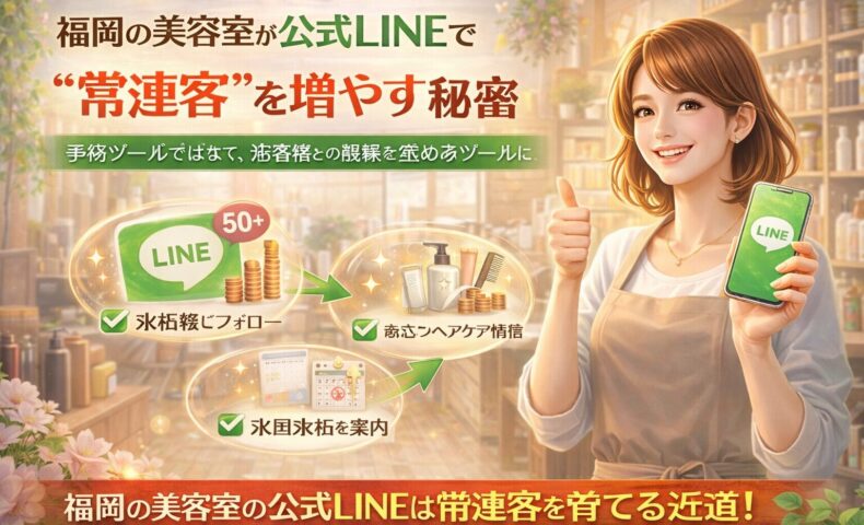 福岡の美容室オーナーに向けて、公式LINEで来店後フォローやヘアケア情報配信を行い、常連客とリピート率を増やす活用方法を示す構成