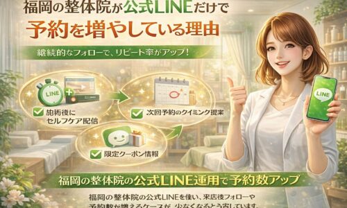 福岡の整体院が公式LINEを活用し、施術後フォローやセルフケア配信、次回予約の案内によって予約数を増やす仕組みを示す構成