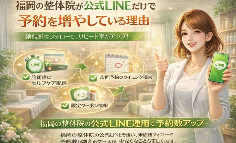 福岡の整体院が公式LINEを活用し、施術後フォローやセルフケア配信、次回予約の案内によって予約数を増やす仕組みを示す構成