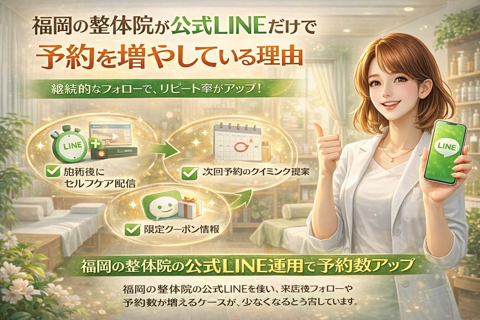 福岡の整体院が公式LINEを活用し、施術後フォローやセルフケア配信、次回予約の案内によって予約数を増やす仕組みを示す構成