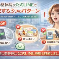 福岡の整体院が公式LINE運用で失敗する原因として、配信しない・宣伝ばかり・登録導線が弱いという3つのパターンを示す構成