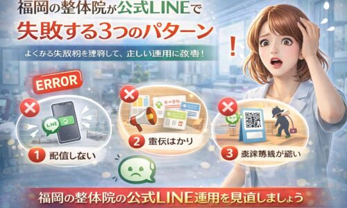 福岡の整体院が公式LINE運用で失敗する原因として、配信しない・宣伝ばかり・登録導線が弱いという3つのパターンを示す構成