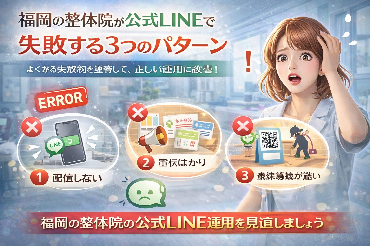 福岡の整体院が公式LINE運用で失敗する原因として、配信しない・宣伝ばかり・登録導線が弱いという3つのパターンを示す構成
