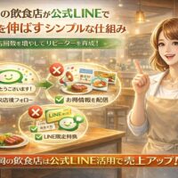 福岡の飲食店が公式LINEを活用し、来店後フォローやお得情報配信、LINE限定特典によって来店回数を増やし売上を伸ばす仕組みを示す構成