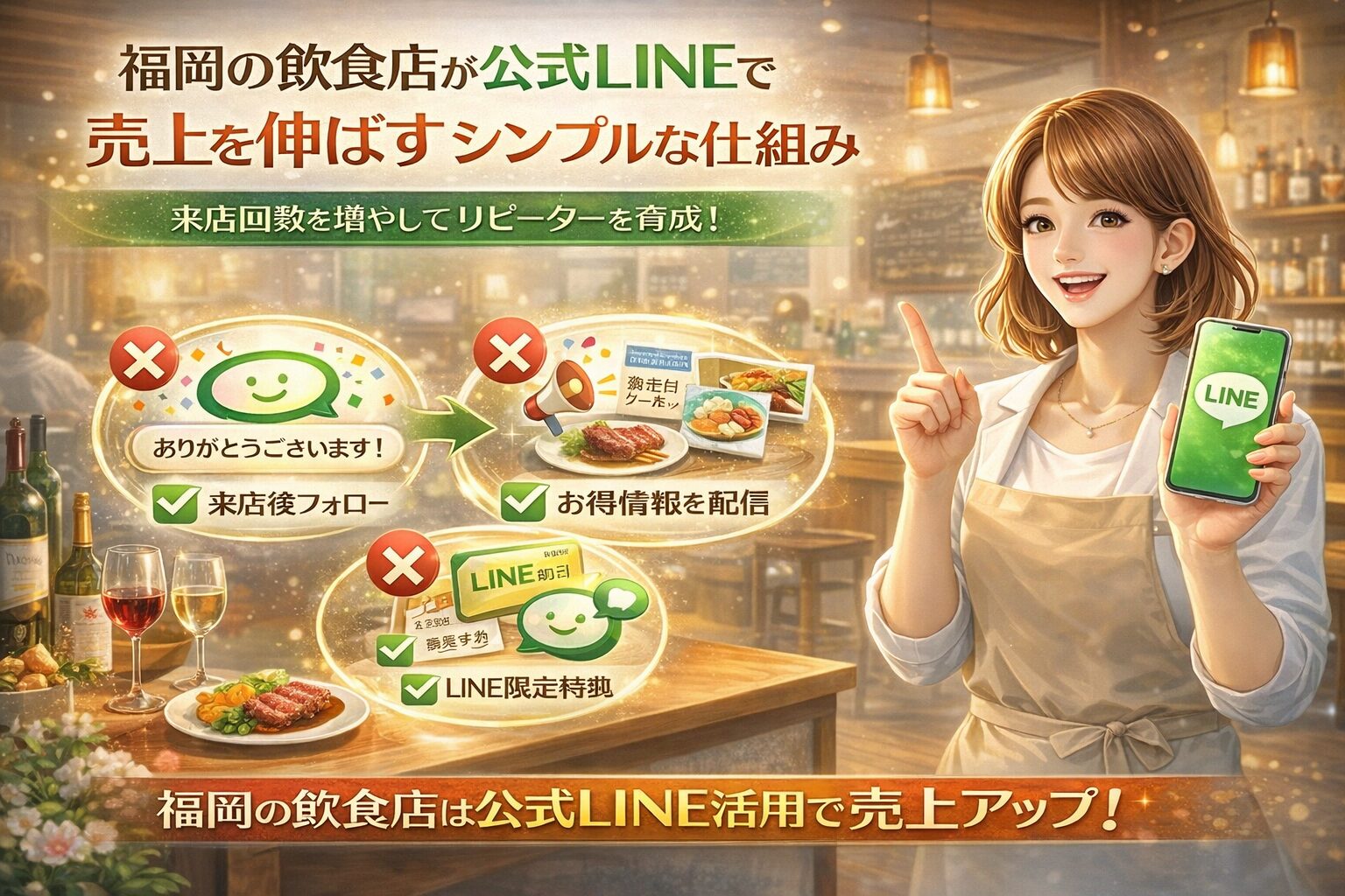 福岡の飲食店が公式LINEを活用し、来店後フォローやお得情報配信、LINE限定特典によって来店回数を増やし売上を伸ばす仕組みを示す構成