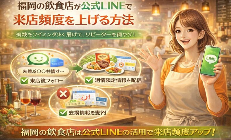 福岡の飲食店が公式LINEを使い、来店後フォロー・新メニュー情報・限定特典の配信で来店頻度を高める仕組みを示す構成