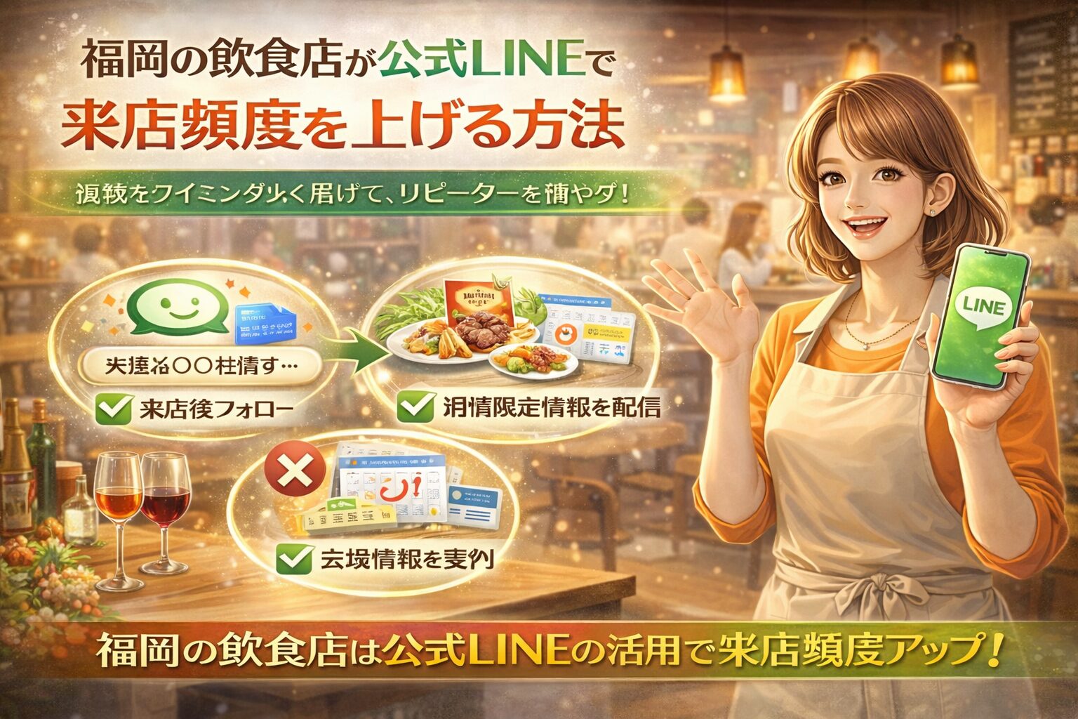 福岡の飲食店が公式LINEを使い、来店後フォロー・新メニュー情報・限定特典の配信で来店頻度を高める仕組みを示す構成