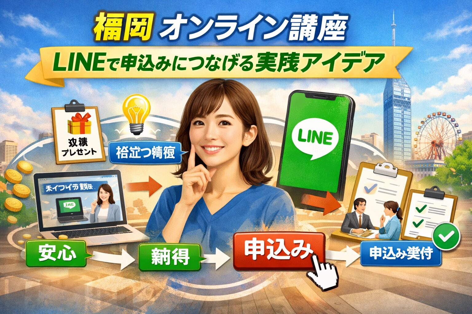 福岡のオンライン講座でLINEを活用し、安心・納得・申込みの流れを作り、登録者を自然に申込みへ導く導線設計を示す構成