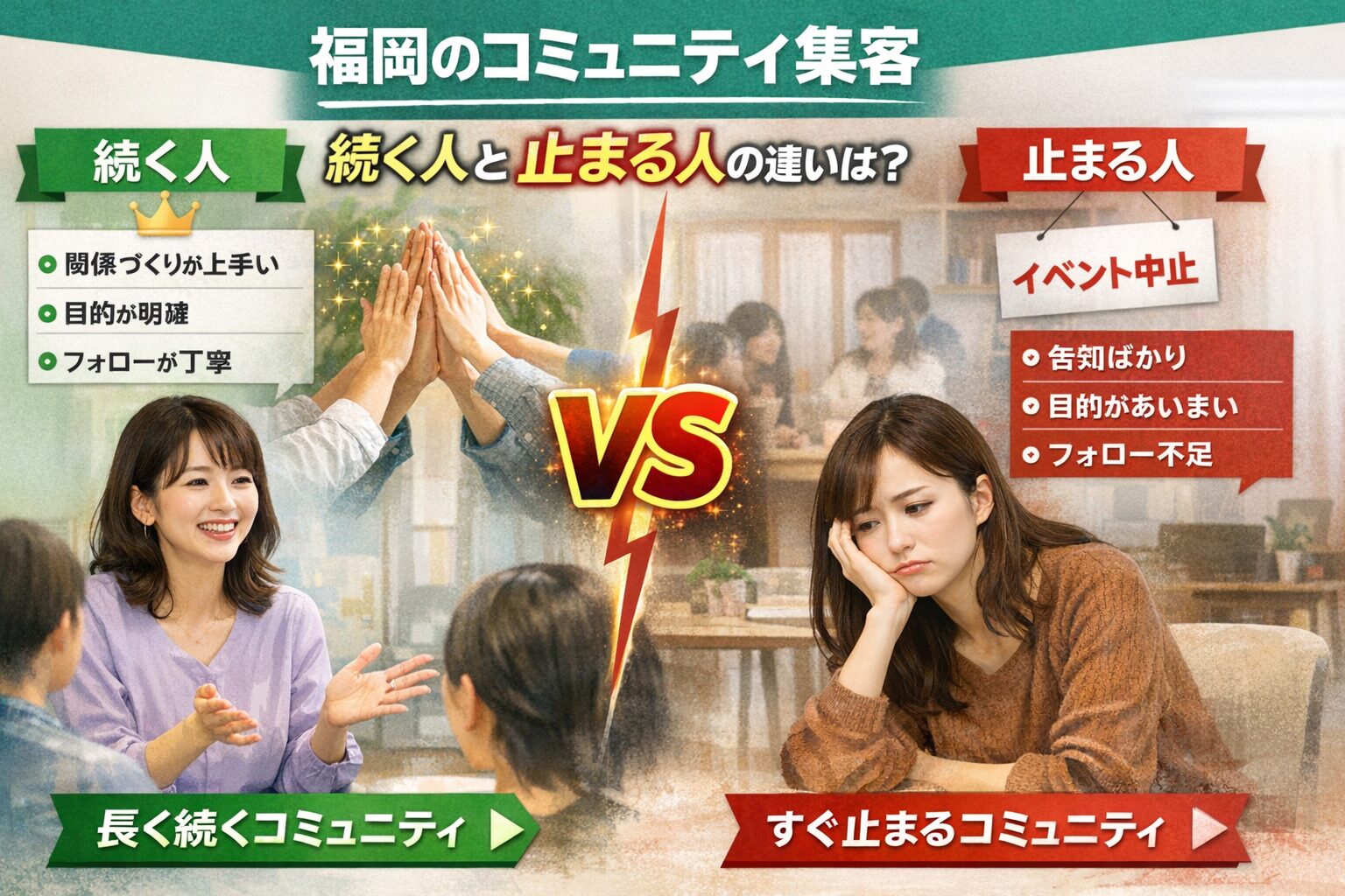 福岡のコミュニティ集客で続く人と止まる人の違いを、関係づくりや導線設計の有無といった対比で示した構成