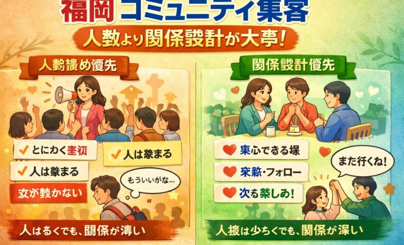福岡のコミュニティ集客で人数優先と関係設計優先の違いを対比し、参加者の定着や関係の深さの差を示す構成