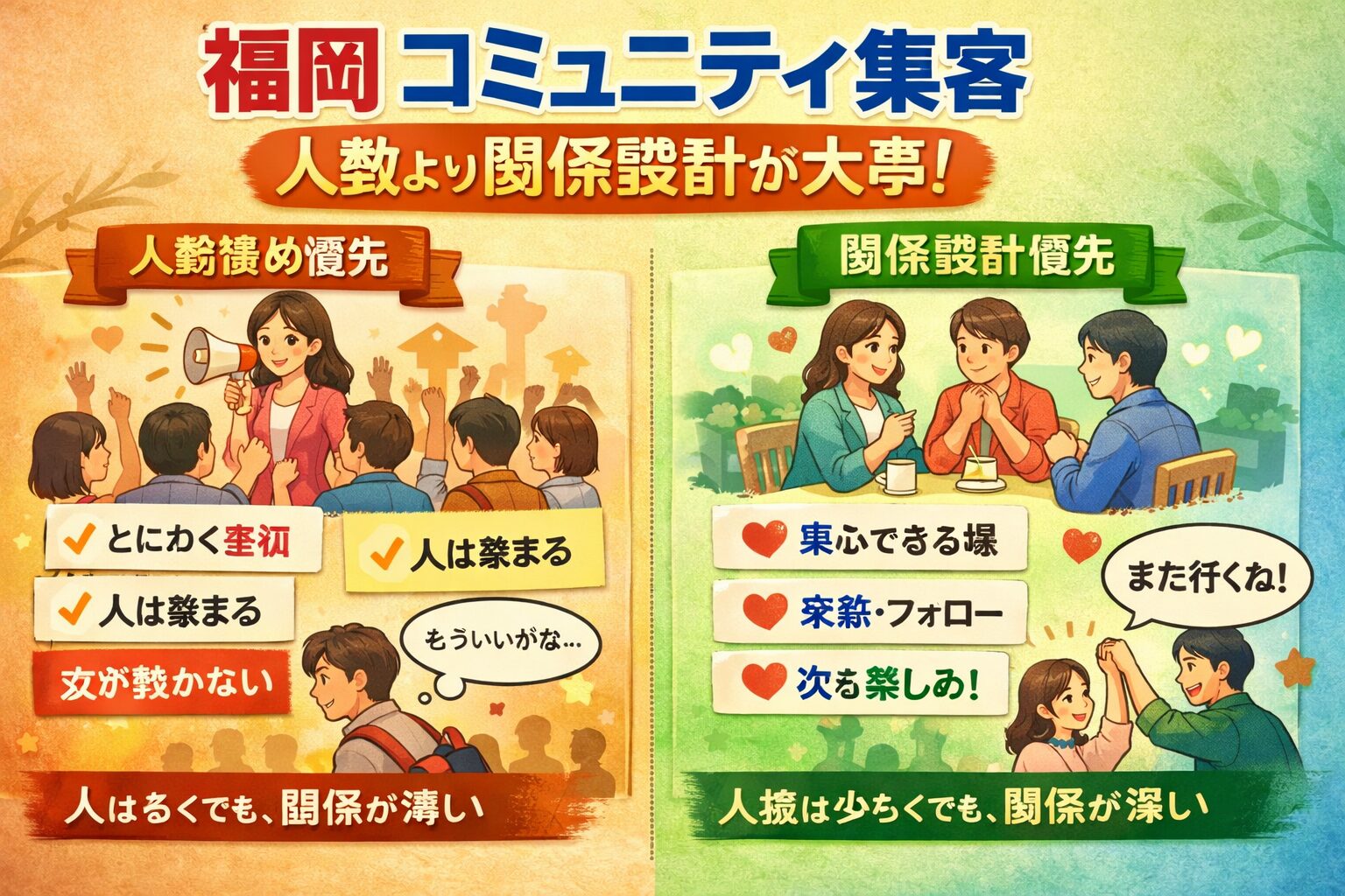 福岡のコミュニティ集客で人数優先と関係設計優先の違いを対比し、参加者の定着や関係の深さの差を示す構成