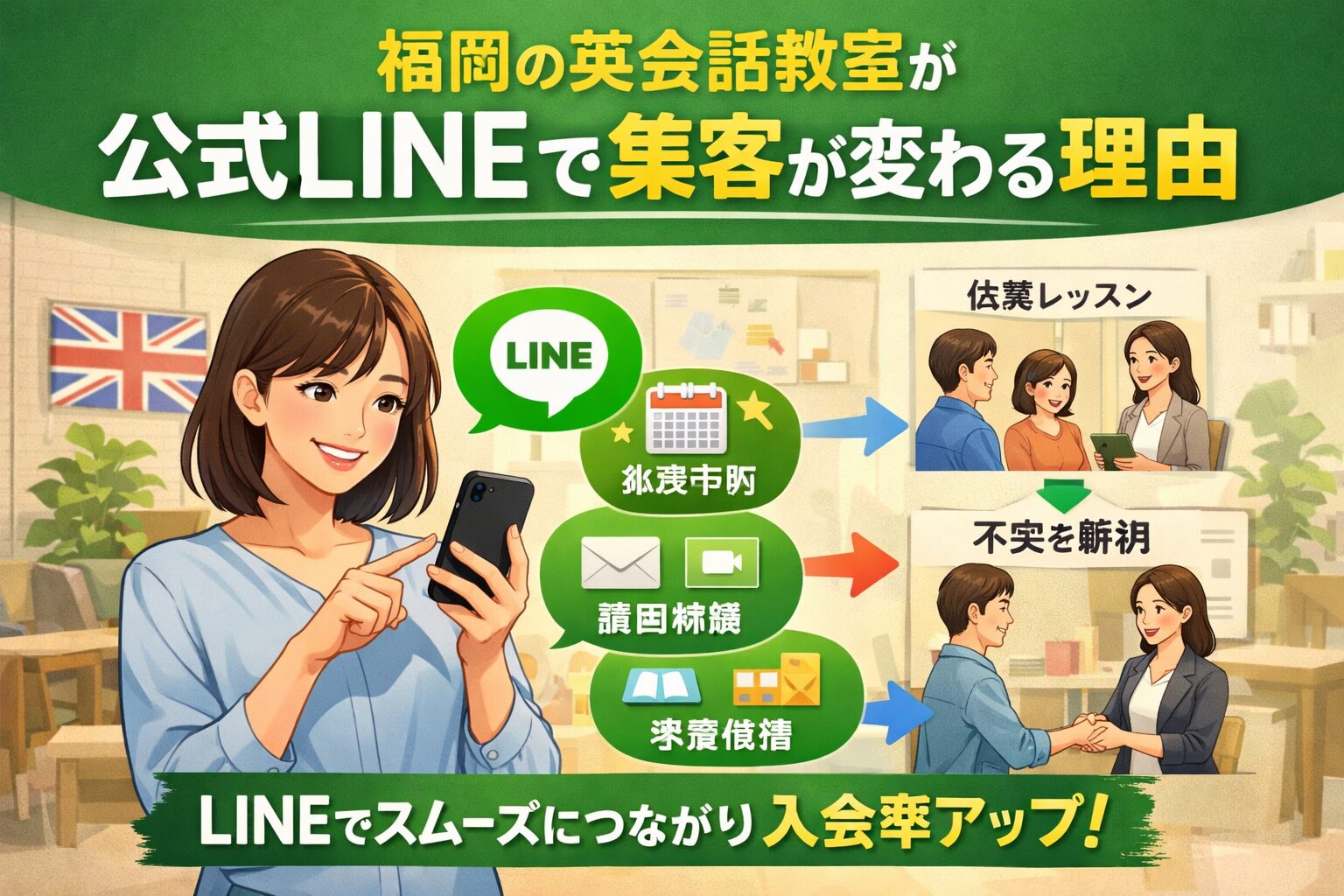 福岡の英会話教室が公式LINEで体験予約から入会までつなげる流れを、スマホ操作する女性とステップ図で示した構成