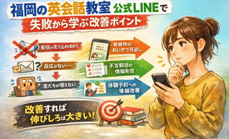 福岡の英会話教室が公式LINE運用の失敗から改善点を見直し、体験予約や反応向上につなげる流れを示した構成