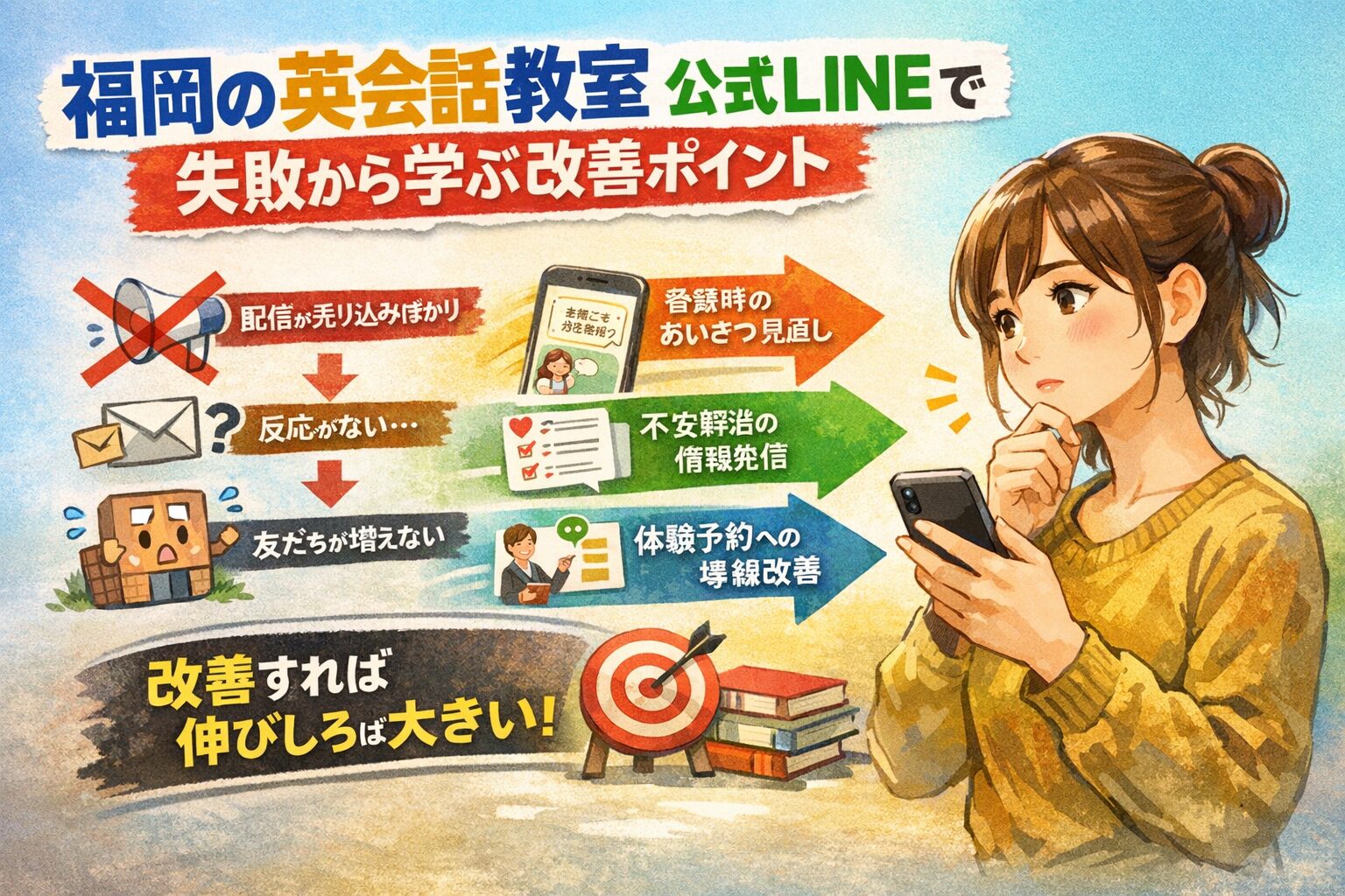 福岡の英会話教室が公式LINE運用の失敗から改善点を見直し、体験予約や反応向上につなげる流れを示した構成