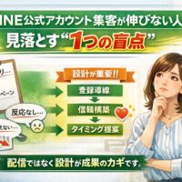LINE公式アカウント集客が伸びない原因と改善の流れを、悩む女性と設計ステップ図で示した構成