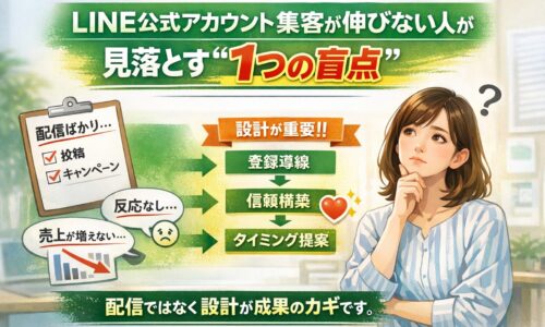 LINE公式アカウント集客が伸びない原因と改善の流れを、悩む女性と設計ステップ図で示した構成