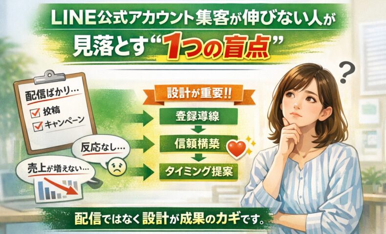 LINE公式アカウント集客が伸びない原因と改善の流れを、悩む女性と設計ステップ図で示した構成