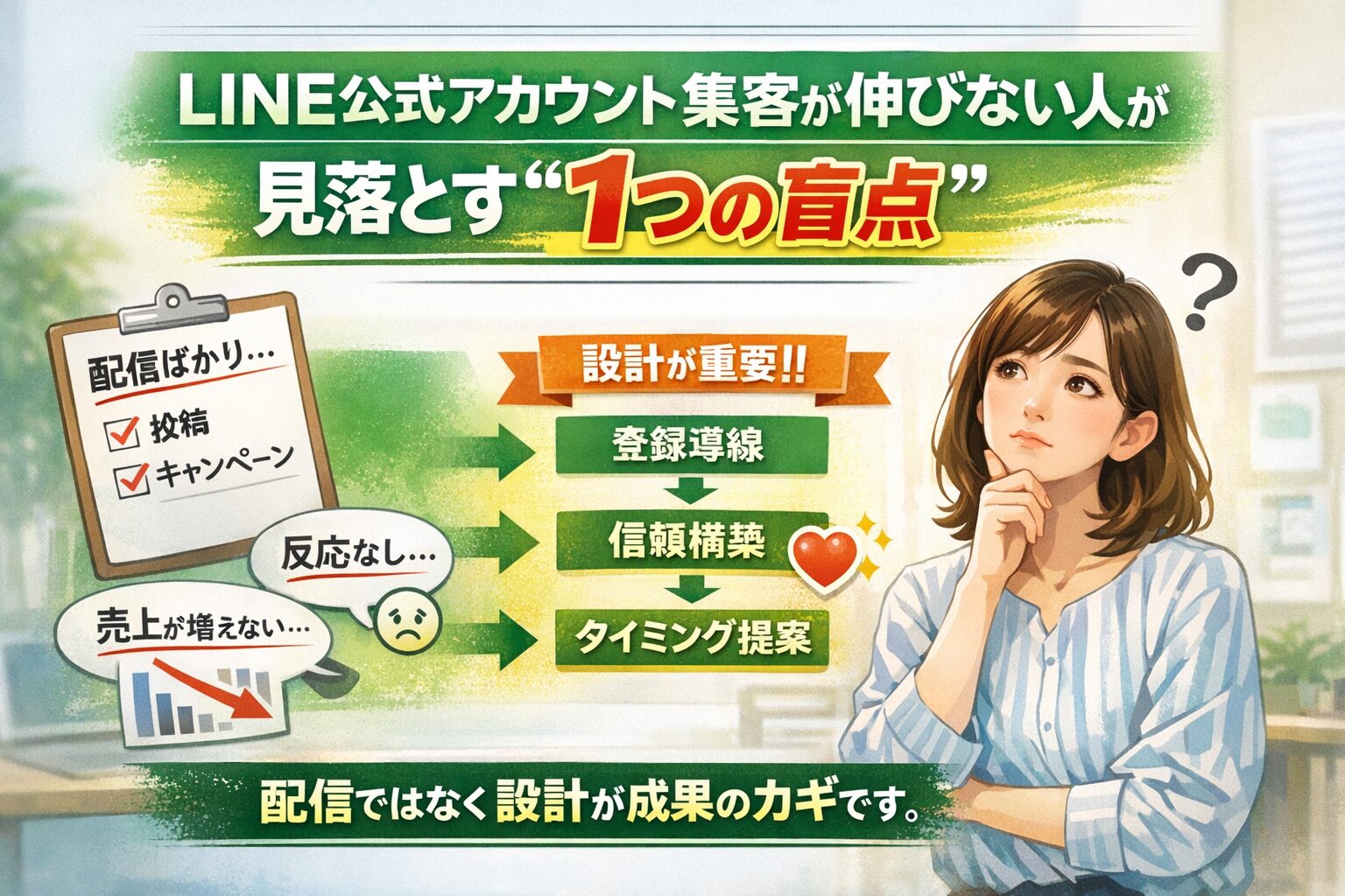 LINE公式アカウント集客が伸びない原因と改善の流れを、悩む女性と設計ステップ図で示した構成