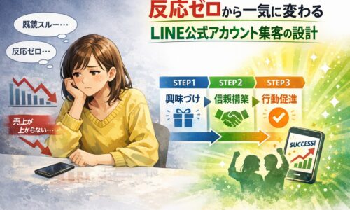 LINE公式アカウント集客で反応ゼロの状態から設計改善により成果が出る流れを、悩む女性とステップ図で示した構成