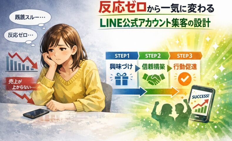 LINE公式アカウント集客で反応ゼロの状態から設計改善により成果が出る流れを、悩む女性とステップ図で示した構成