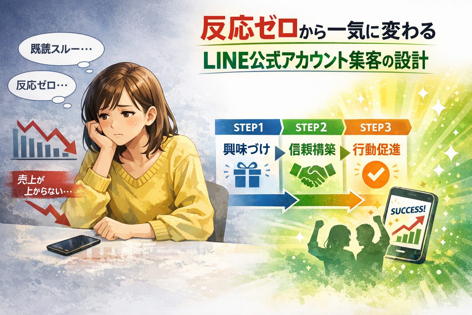 LINE公式アカウント集客で反応ゼロの状態から設計改善により成果が出る流れを、悩む女性とステップ図で示した構成