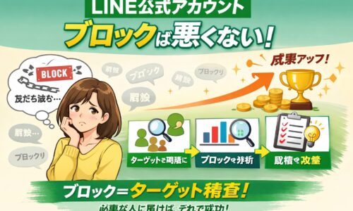 LINE公式アカウントブロックに悩む女性と、ターゲット精査や改善で成果につなげる流れを示した構成