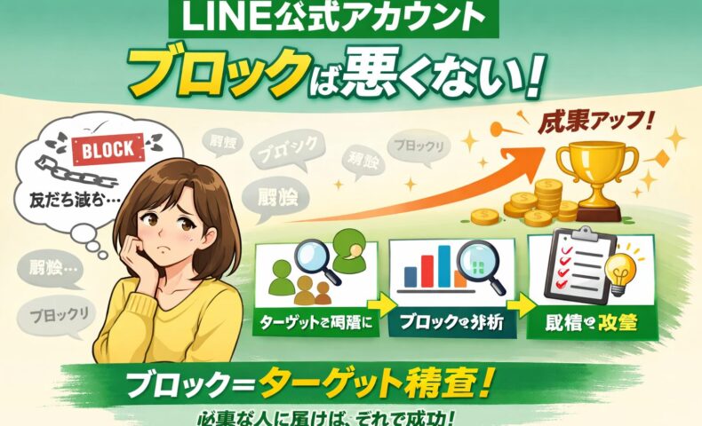 LINE公式アカウントブロックに悩む女性と、ターゲット精査や改善で成果につなげる流れを示した構成