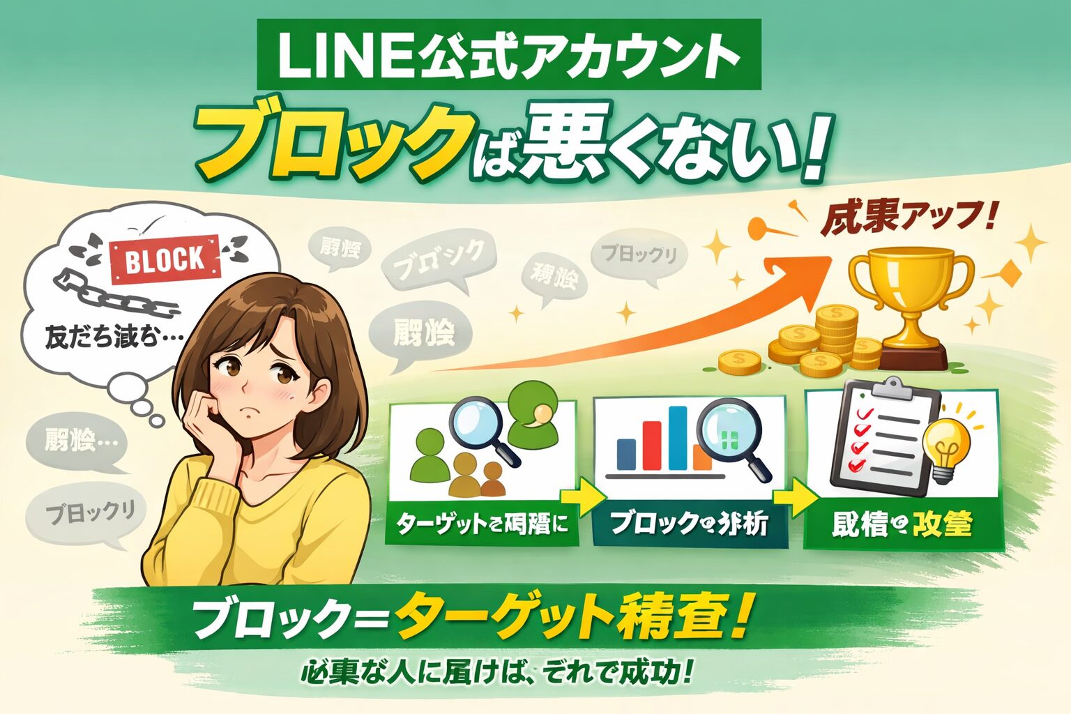 LINE公式アカウントブロックに悩む女性と、ターゲット精査や改善で成果につなげる流れを示した構成