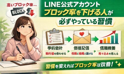 LINE公式アカウントブロック率に悩む女性と、事前設計・価値配信・信頼構築で改善する流れを示した構成