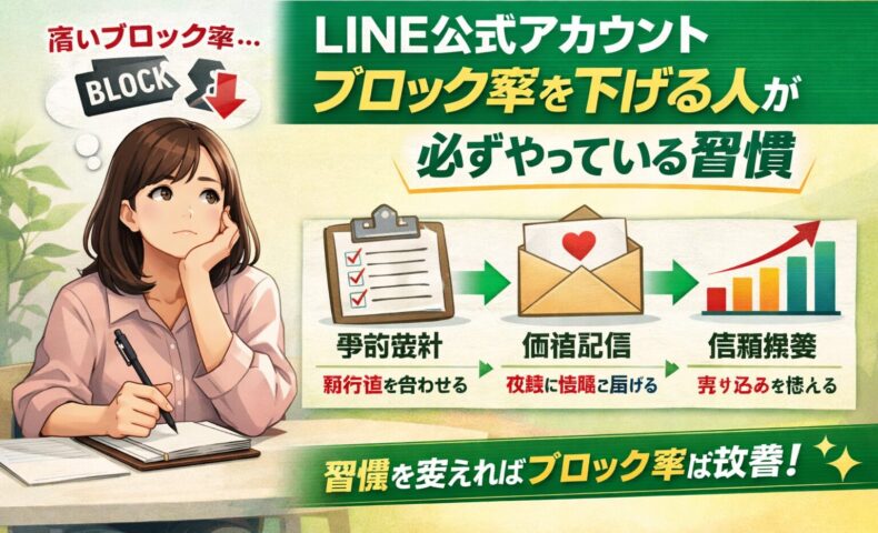 LINE公式アカウントブロック率に悩む女性と、事前設計・価値配信・信頼構築で改善する流れを示した構成