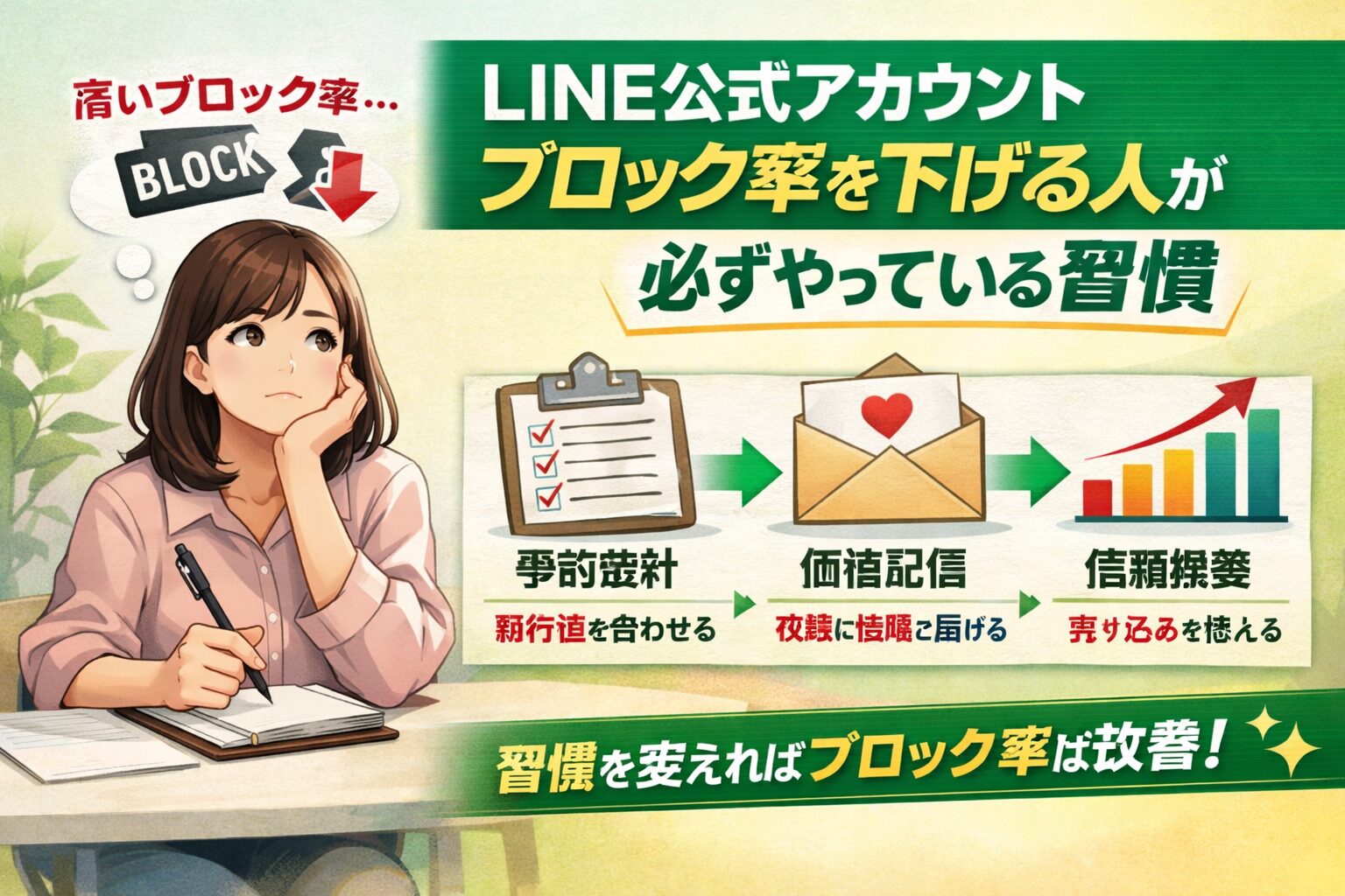 LINE公式アカウントブロック率に悩む女性と、事前設計・価値配信・信頼構築で改善する流れを示した構成