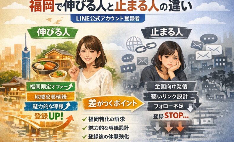 LINE公式アカウント登録者が福岡で増える人と伸び悩む人の違いを、設計と導線の有無で対比した構成