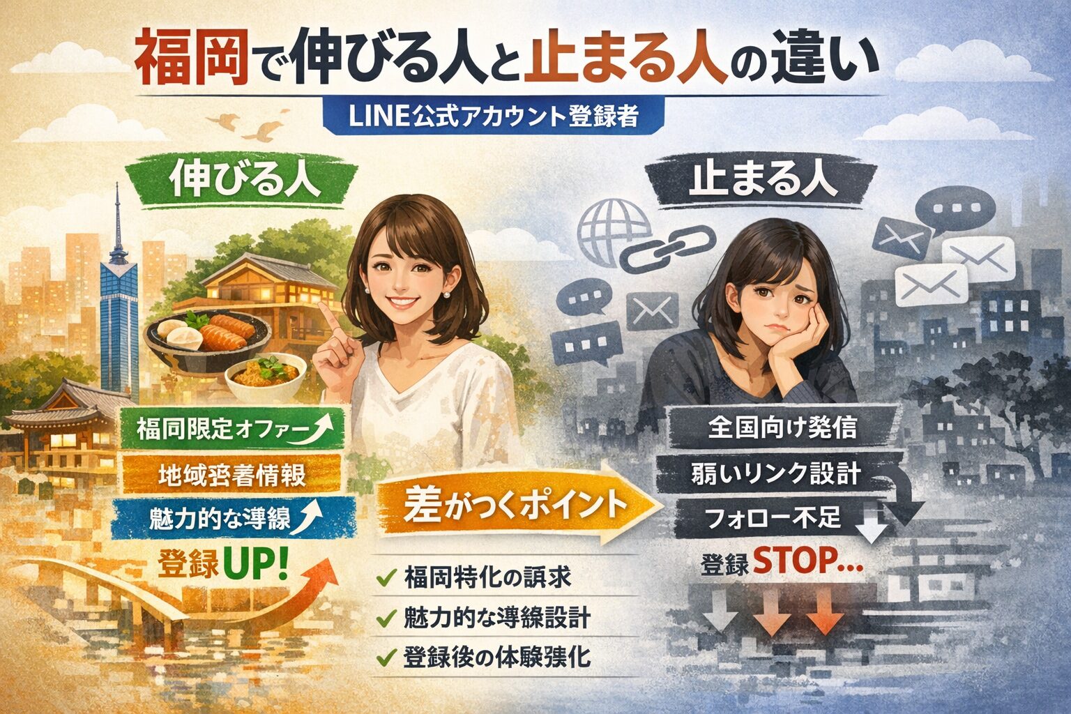 LINE公式アカウント登録者が福岡で増える人と伸び悩む人の違いを、設計と導線の有無で対比した構成