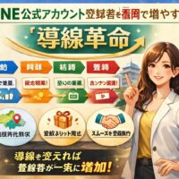 LINE公式アカウント登録者を福岡で増やす導線設計として、接触から登録までの流れと特典・地域訴求を示した構成
