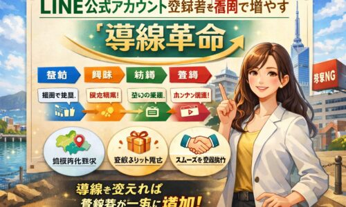 LINE公式アカウント登録者を福岡で増やす導線設計として、接触から登録までの流れと特典・地域訴求を示した構成