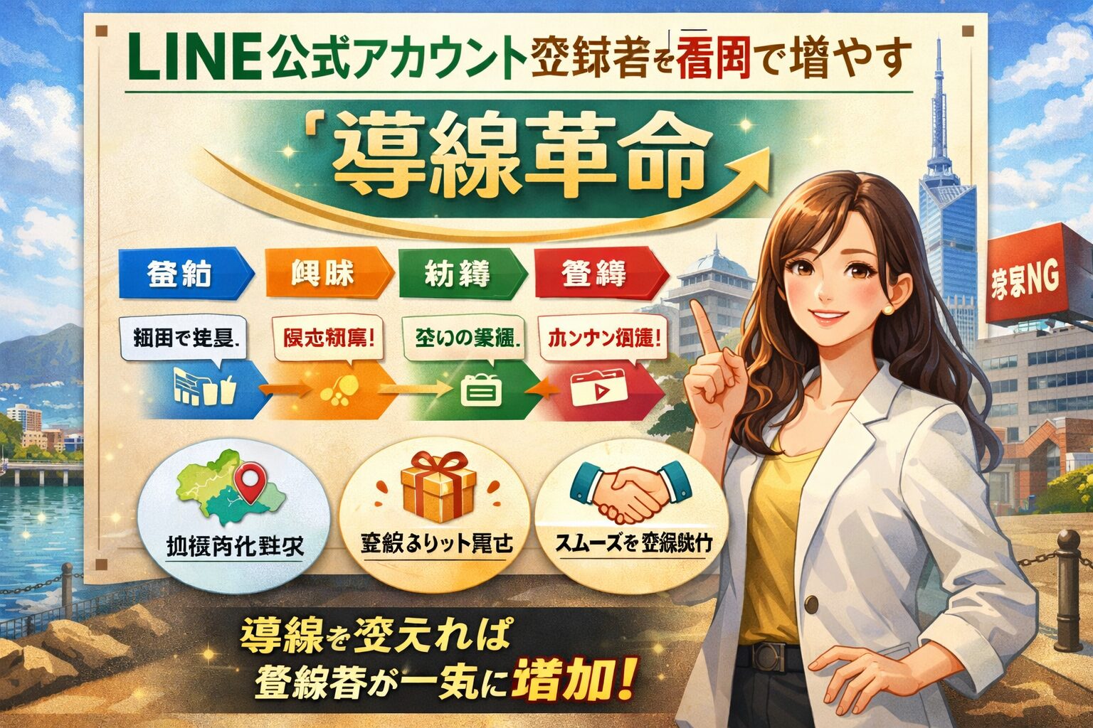 LINE公式アカウント登録者を福岡で増やす導線設計として、接触から登録までの流れと特典・地域訴求を示した構成