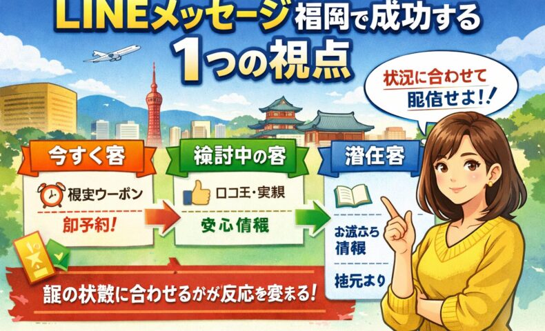 LINE公式アカウントメッセージを福岡で成功させるために、今すぐ客・検討客・潜在客に応じた配信設計を示した構成
